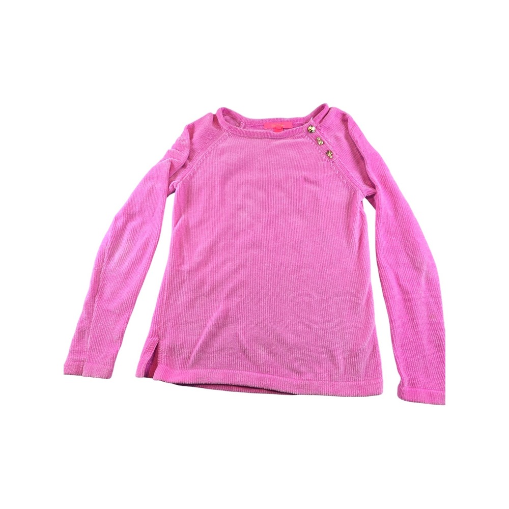 Lilly Pulitzer Pink Chenille Ribbed Sweater Gold Tropical Buttons XS see desc